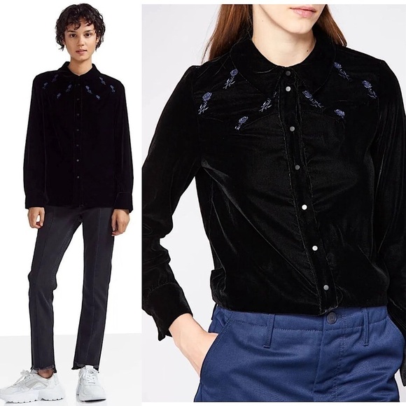 MAJE Velvet Floral Embroidered Long Sleeve Western Snap Button Collared Shirt M - Picture 1 of 12